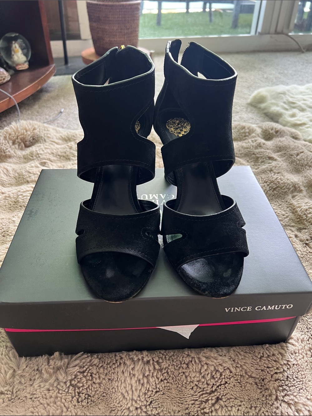 Vince Camuto Black Suede Cutout Strap Stiletto Heels